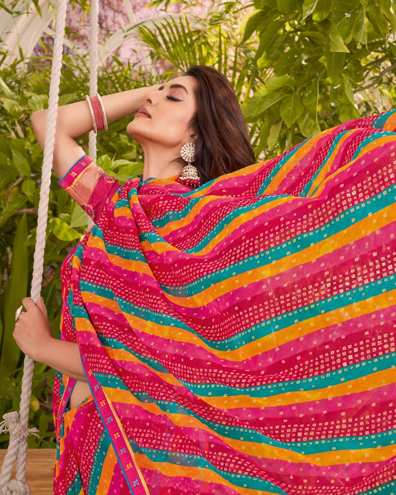 Vishal Prints Cardinal Pink Printed Fancy Chiffon Traditional Print Saree With Border