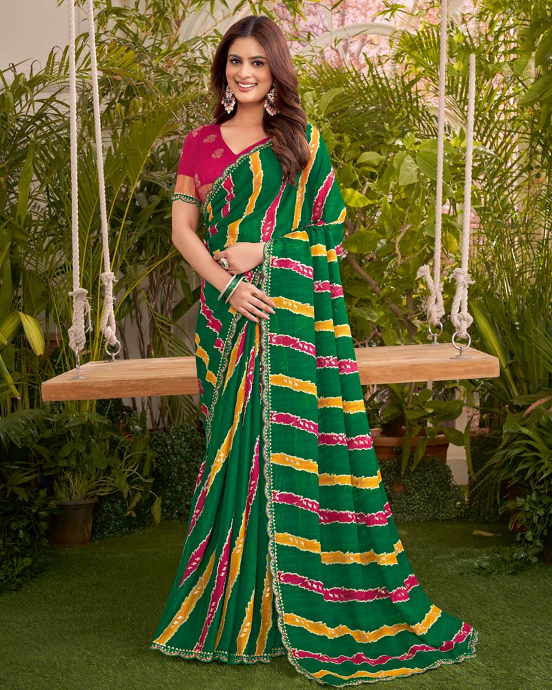 Vishal Prints Dark Green Printed Fancy Chiffon Traditional Print Saree With Cut Work Border