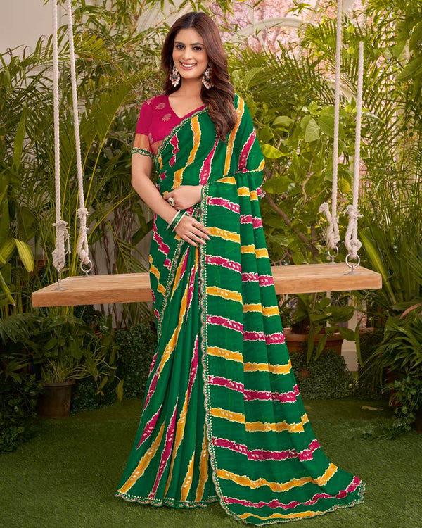 Vishal Prints Dark Green Printed Fancy Chiffon Traditional Print Saree With Cut Work Border