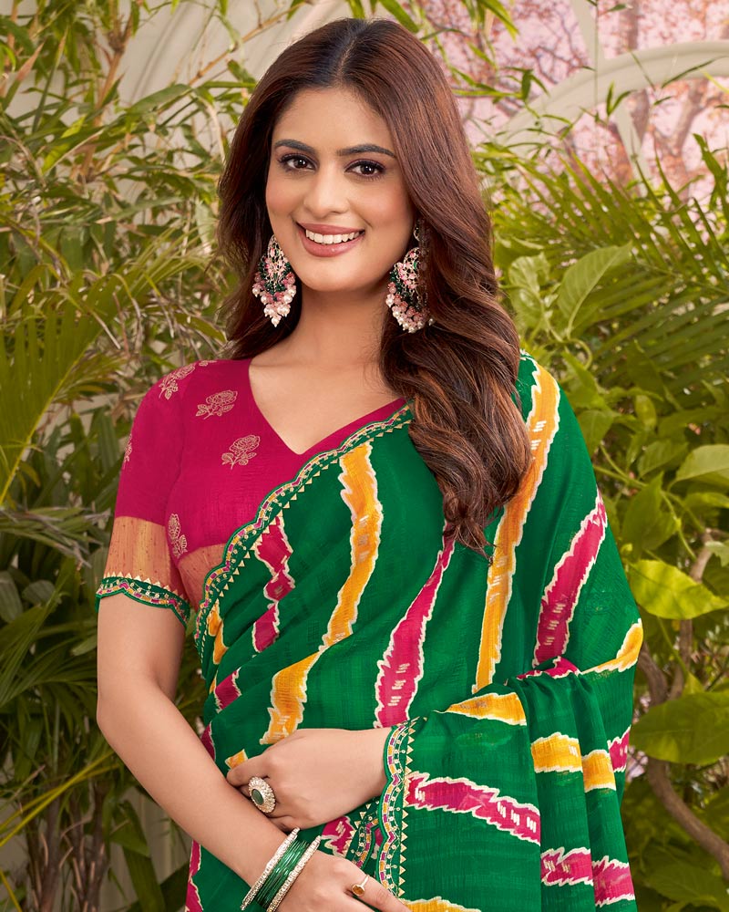 Vishal Prints Dark Green Printed Fancy Chiffon Traditional Print Saree With Cut Work Border