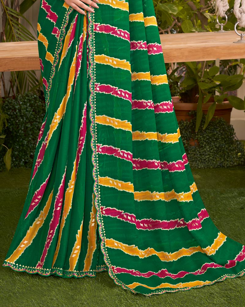 Vishal Prints Dark Green Printed Fancy Chiffon Traditional Print Saree With Cut Work Border
