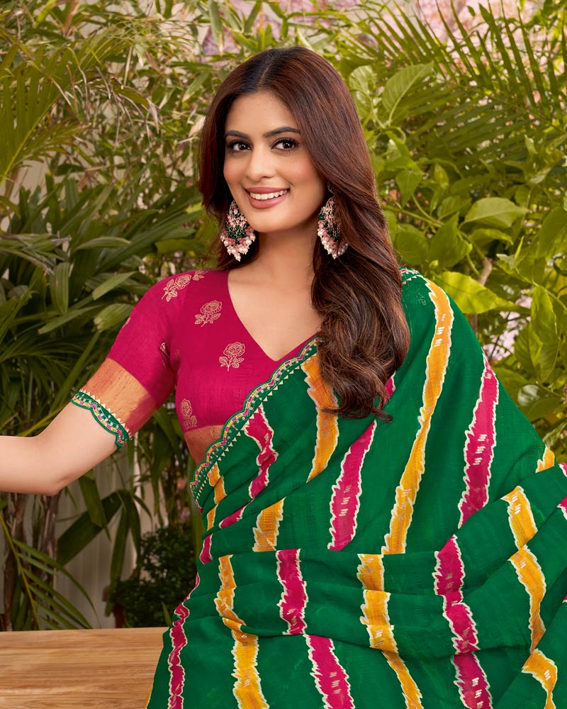 Vishal Prints Dark Green Printed Fancy Chiffon Traditional Print Saree With Cut Work Border