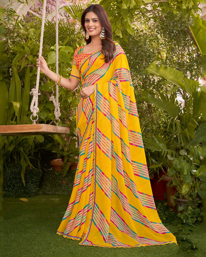 Vishal Prints Golden Yellow Printed Fancy Chiffon Traditional Print Saree With Cut Work Border