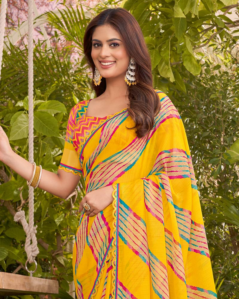 Vishal Prints Golden Yellow Printed Fancy Chiffon Traditional Print Saree With Cut Work Border