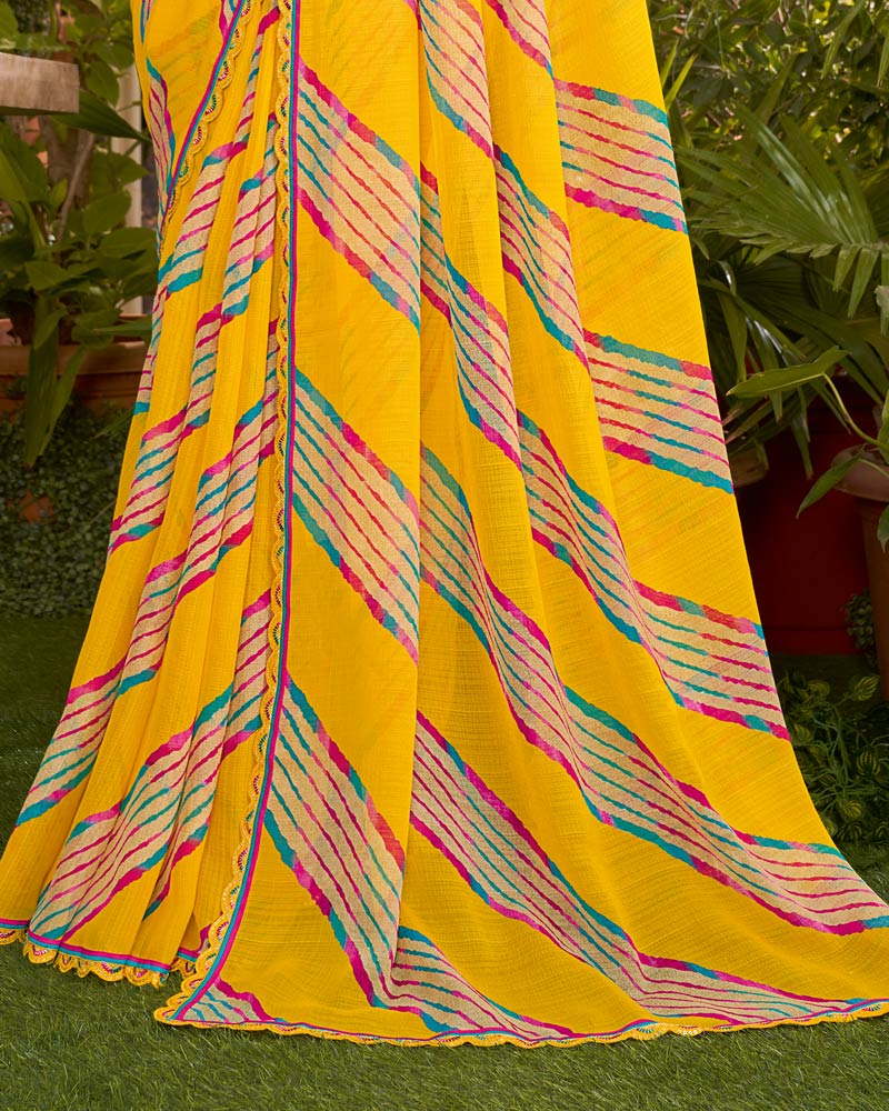 Vishal Prints Golden Yellow Printed Fancy Chiffon Traditional Print Saree With Cut Work Border