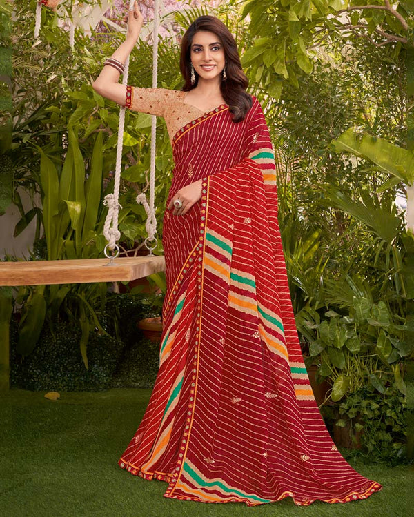 Vishal Prints Paprika Red Printed Fancy Chiffon Traditional Print Saree With Foil Print And Cut Work Border