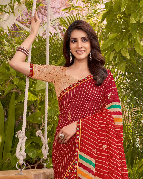 Vishal Prints Paprika Red Printed Fancy Chiffon Traditional Print Saree With Foil Print And Cut Work Border