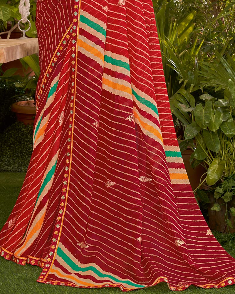 Vishal Prints Paprika Red Printed Fancy Chiffon Traditional Print Saree With Foil Print And Cut Work Border
