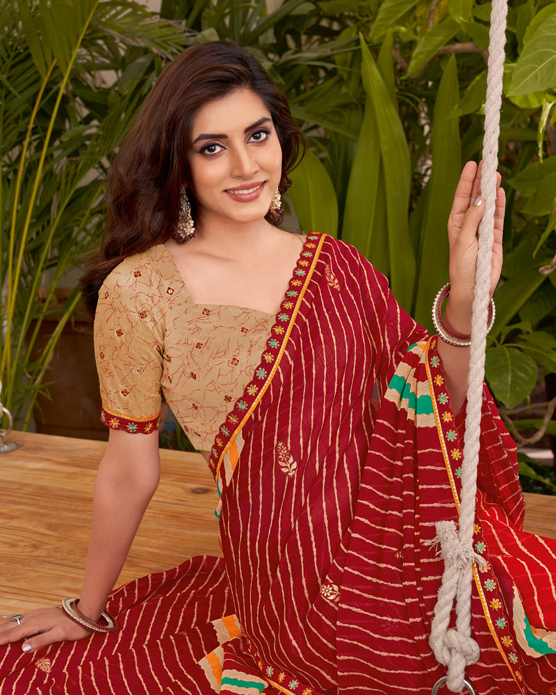 Vishal Prints Paprika Red Printed Fancy Chiffon Traditional Print Saree With Foil Print And Cut Work Border