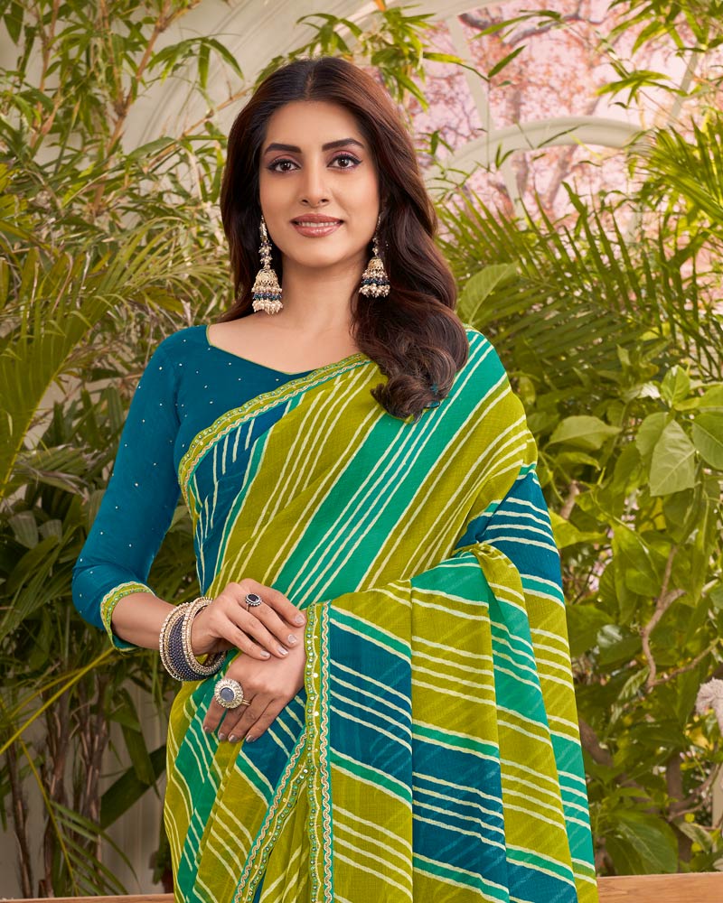 Vishal Prints Multi Green Printed Fancy Chiffon Traditional Print Saree With Cut Work Border