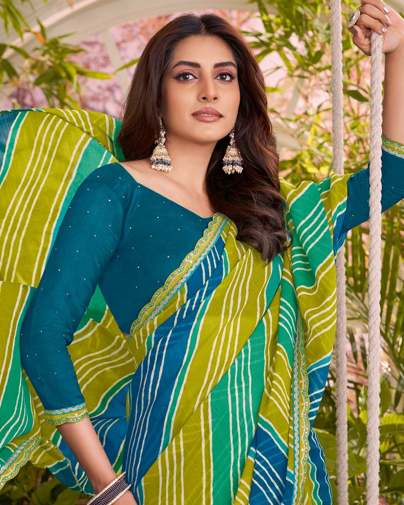 Vishal Prints Multi Green Printed Fancy Chiffon Traditional Print Saree With Cut Work Border