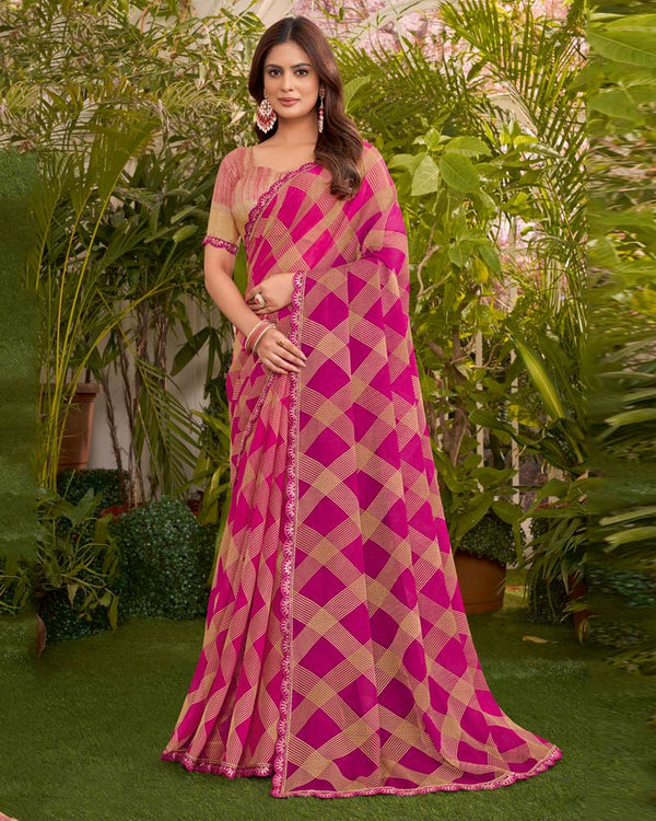 Vishal Prints Dark Hot Pink Printed Fancy Chiffon Traditional Print Saree With Cut Work Border