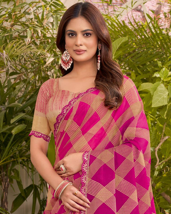 Vishal Prints Dark Hot Pink Printed Fancy Chiffon Traditional Print Saree With Cut Work Border