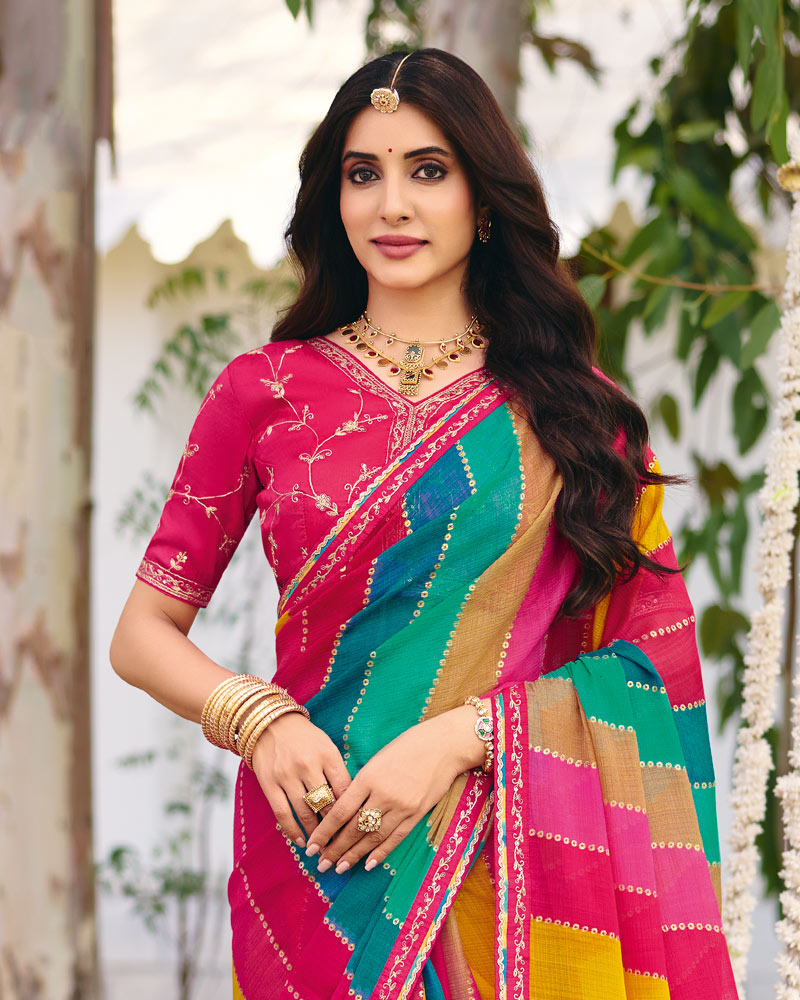 Vishal Prints Multicolor Traditional Printed Fancy Chiffon Saree With Foil Print And Embroidery Border