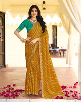 Vishal Prints Deep Mustard Traditional Printed Fancy Chiffon Saree With Foil Print And Cut Work Embroidery Border