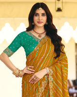 Vishal Prints Deep Mustard Traditional Printed Fancy Chiffon Saree With Foil Print And Cut Work Embroidery Border