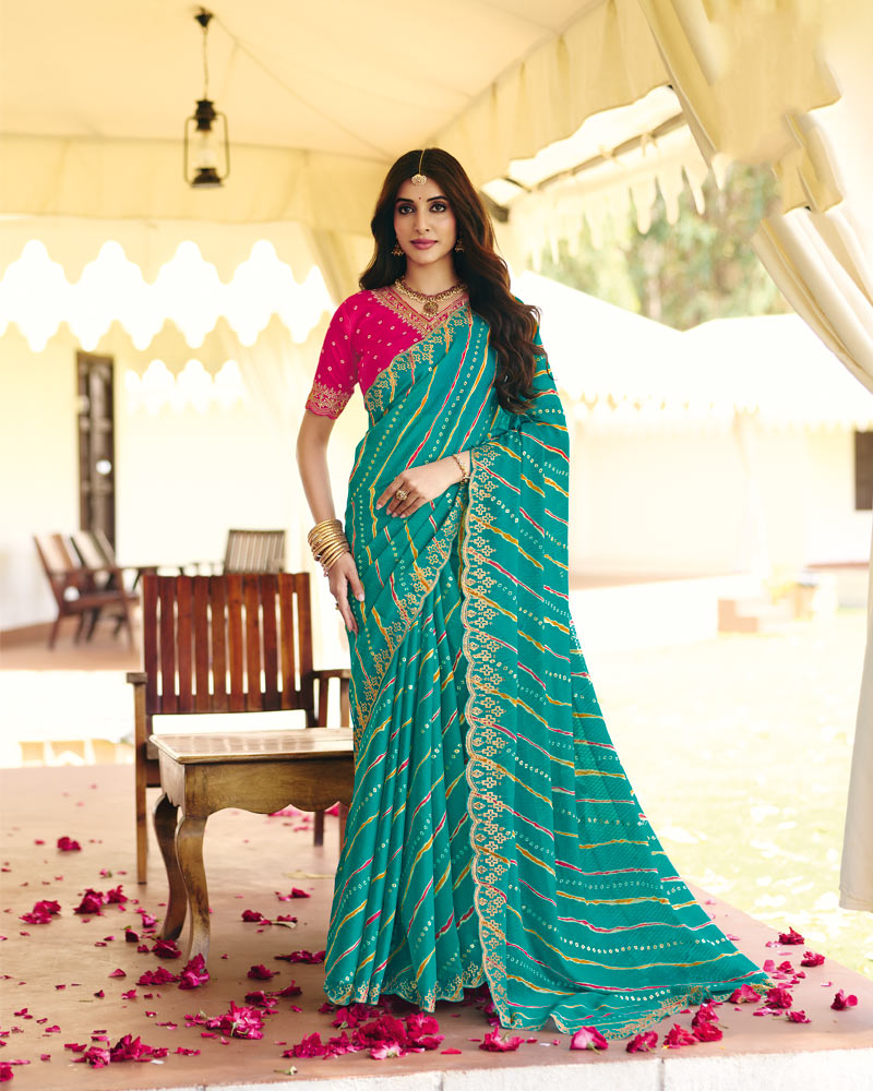 Vishal Prints Teal Blue Traditional Printed Fancy Chiffon Saree With Foil Print And Cut Work Embroidery Border