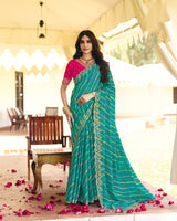 Vishal Prints Teal Blue Traditional Printed Fancy Chiffon Saree With Foil Print And Cut Work Embroidery Border