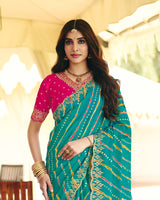 Vishal Prints Teal Blue Traditional Printed Fancy Chiffon Saree With Foil Print And Cut Work Embroidery Border