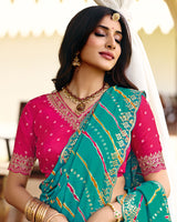 Vishal Prints Teal Blue Traditional Printed Fancy Chiffon Saree With Foil Print And Cut Work Embroidery Border