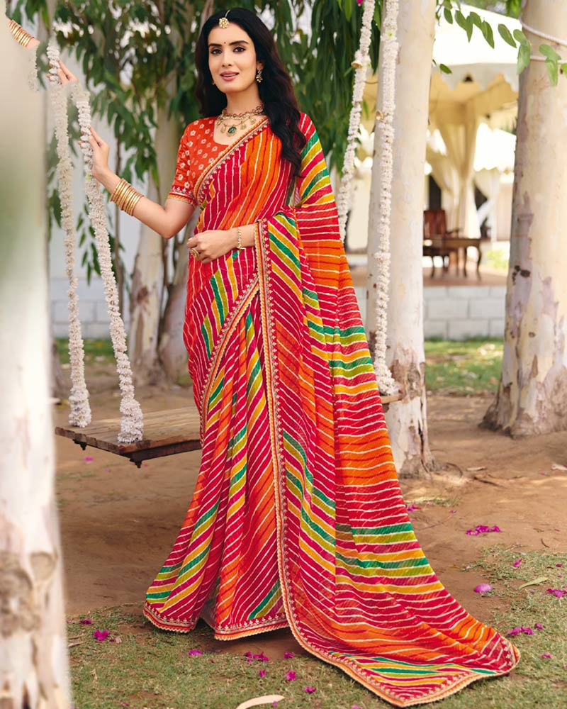Vishal Prints Red Traditional Printed Fancy Chiffon Saree With Foil Print And Embroidery Border
