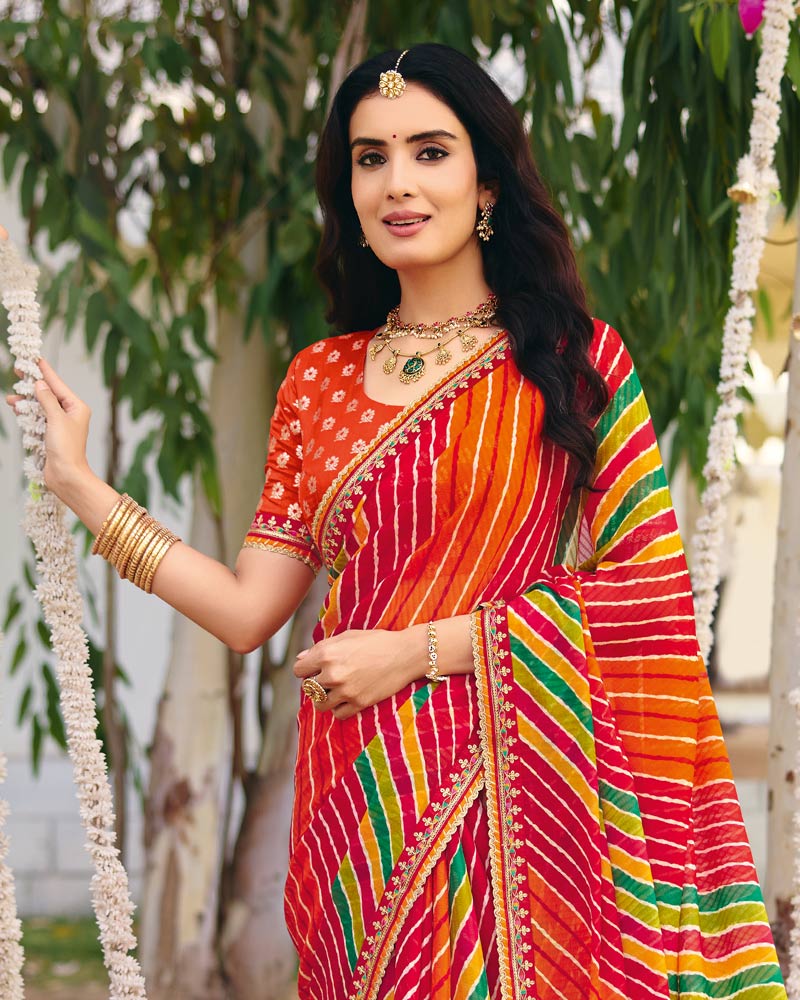 Vishal Prints Red Traditional Printed Fancy Chiffon Saree With Foil Print And Embroidery Border