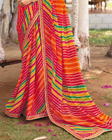 Vishal Prints Red Traditional Printed Fancy Chiffon Saree With Foil Print And Embroidery Border