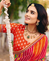 Vishal Prints Red Traditional Printed Fancy Chiffon Saree With Foil Print And Embroidery Border