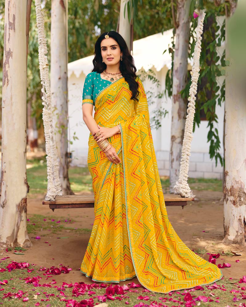Vishal Prints Bright Yellow Traditional Printed Fancy Chiffon Saree With Foil Print And Embroidery Border