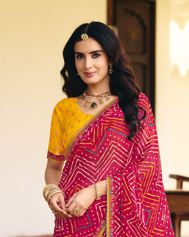 Vishal Prints Rani Pink Traditional Printed Fancy Chiffon Saree With Foil Print And Embroidery Border