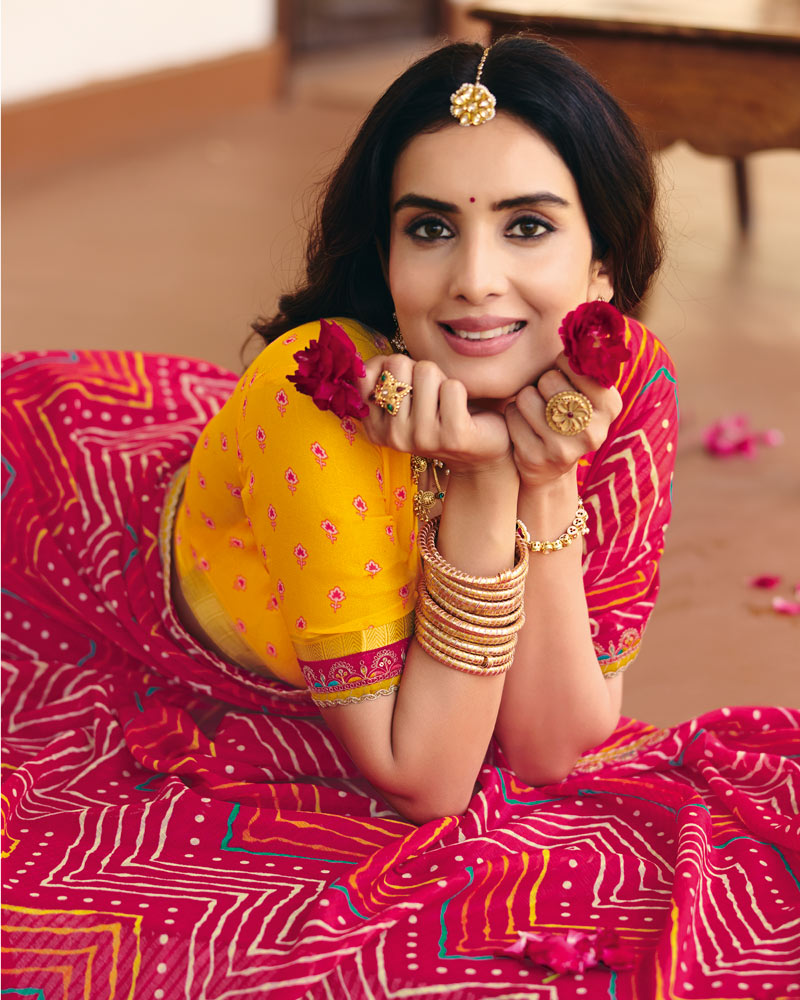 Vishal Prints Rani Pink Traditional Printed Fancy Chiffon Saree With Foil Print And Embroidery Border