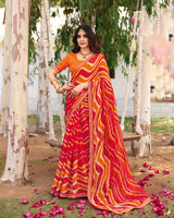 Vishal Prints Orange Red Traditional Printed Fancy Chiffon Saree With Foil Print And Embroidery Border