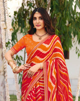 Vishal Prints Orange Red Traditional Printed Fancy Chiffon Saree With Foil Print And Embroidery Border