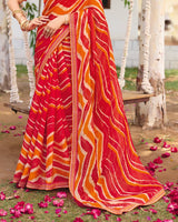 Vishal Prints Orange Red Traditional Printed Fancy Chiffon Saree With Foil Print And Embroidery Border