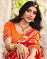 Vishal Prints Orange Red Traditional Printed Fancy Chiffon Saree With Foil Print And Embroidery Border