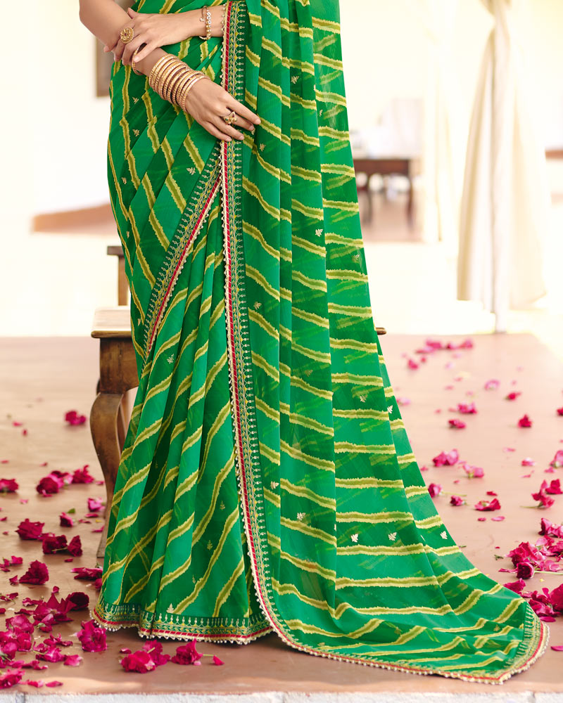 Vishal Prints Green Traditional Printed Fancy Chiffon Saree With Foil Print And Embroidery Border