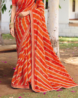 Vishal Prints Bright Orange Traditional Printed Fancy Chiffon Saree With Foil Print And Embroidery Border