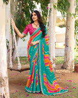 Vishal Prints Sky Blue Traditional Printed Fancy Chiffon Saree With Cut Work Embroidery Border