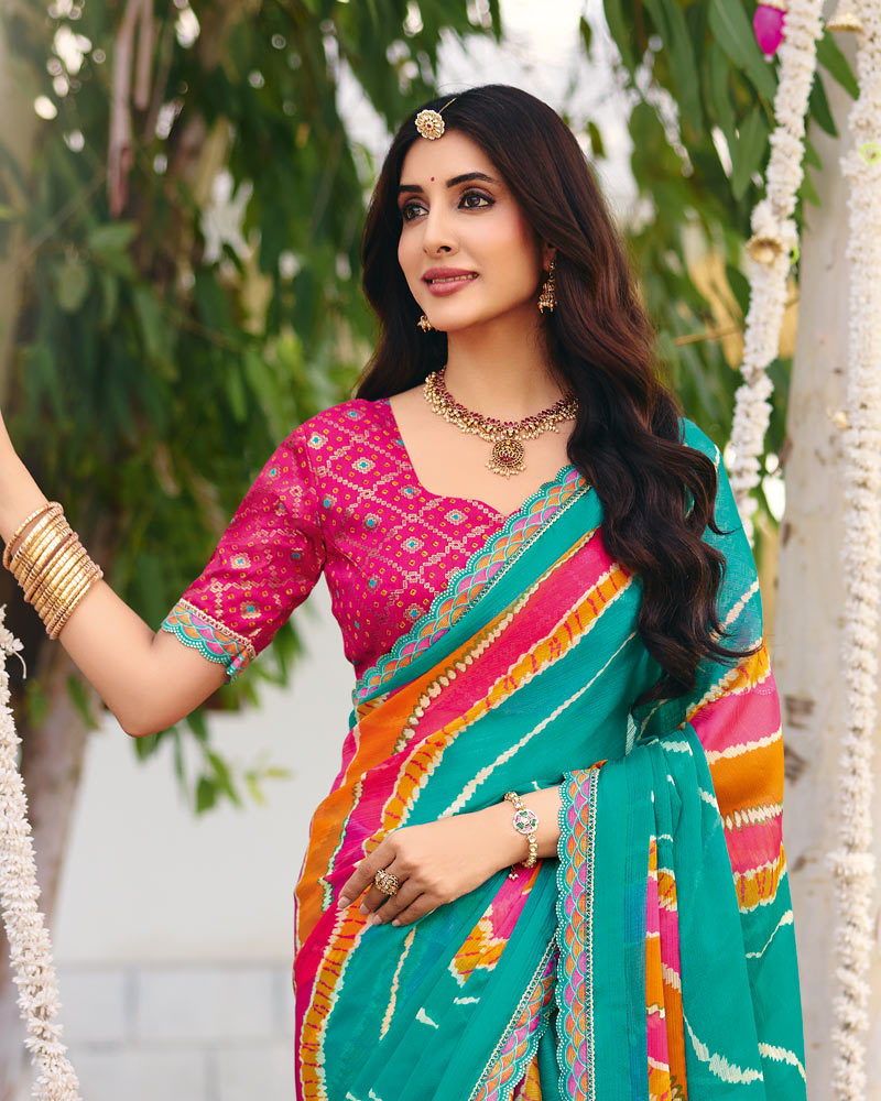 Vishal Prints Sky Blue Traditional Printed Fancy Chiffon Saree With Cut Work Embroidery Border