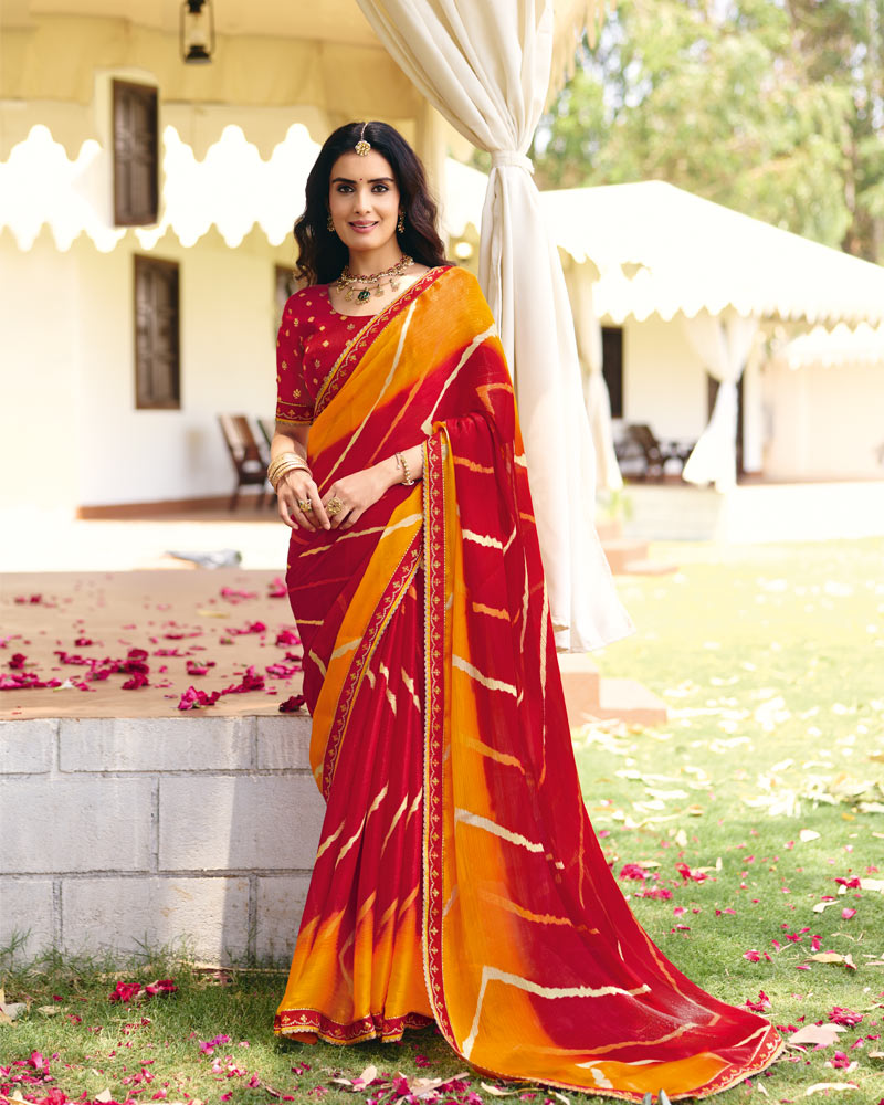 Vishal Prints Sindoori Red Traditional Printed Fancy Chiffon Saree With Border