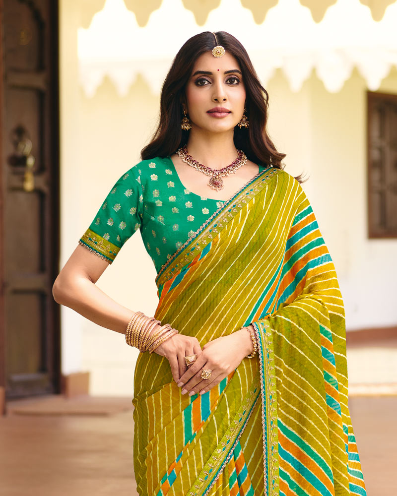 Vishal Prints Light Green Traditional Printed Fancy Chiffon Saree With Border