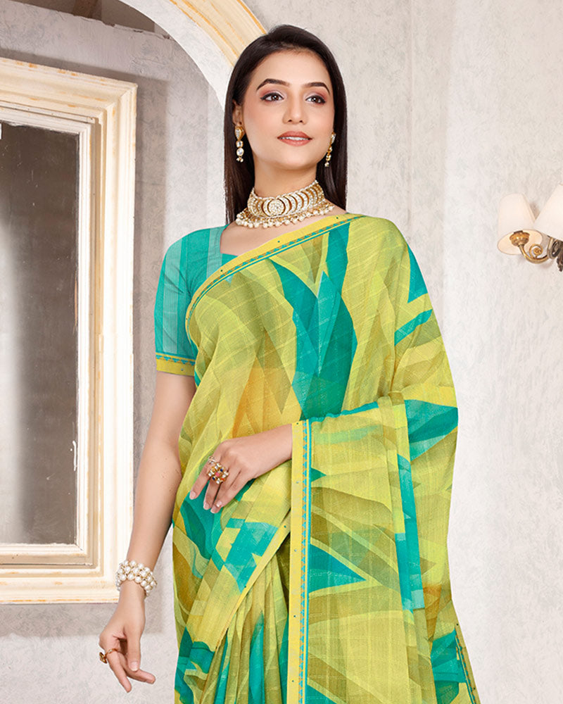 Vishal Prints Multi Green Patterned Georgette Digital Print Saree With Fancy Border
