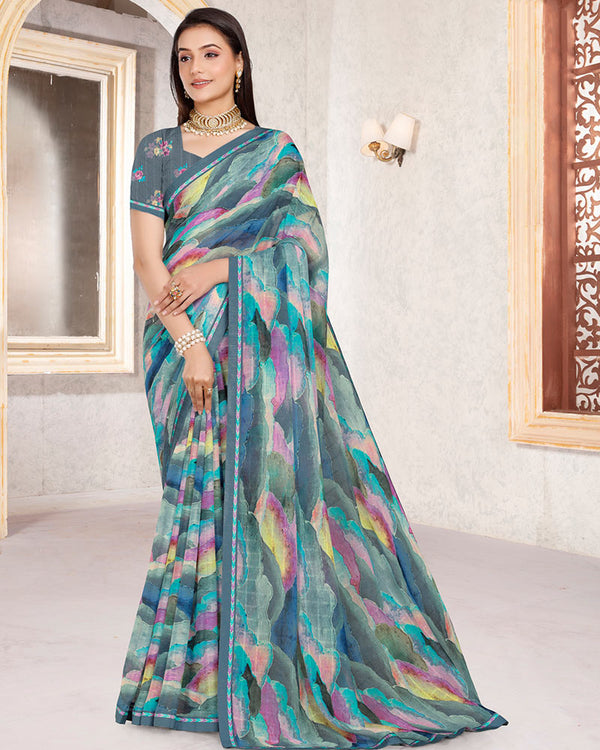 Vishal Prints Bluish Grey Patterned Georgette Digital Print Saree With Fancy Border