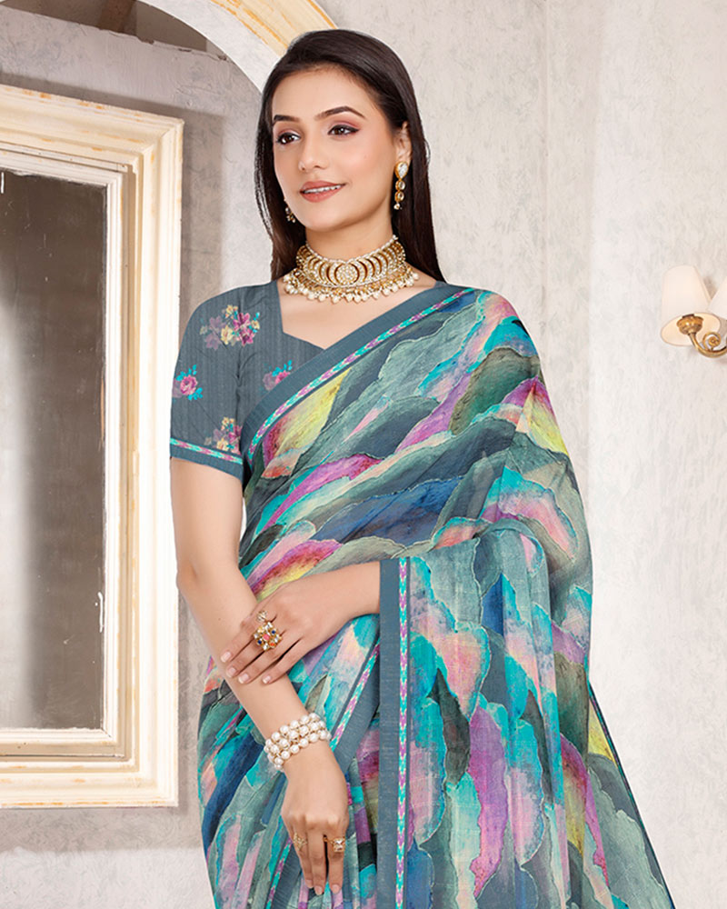 Vishal Prints Bluish Grey Patterned Georgette Digital Print Saree With Fancy Border