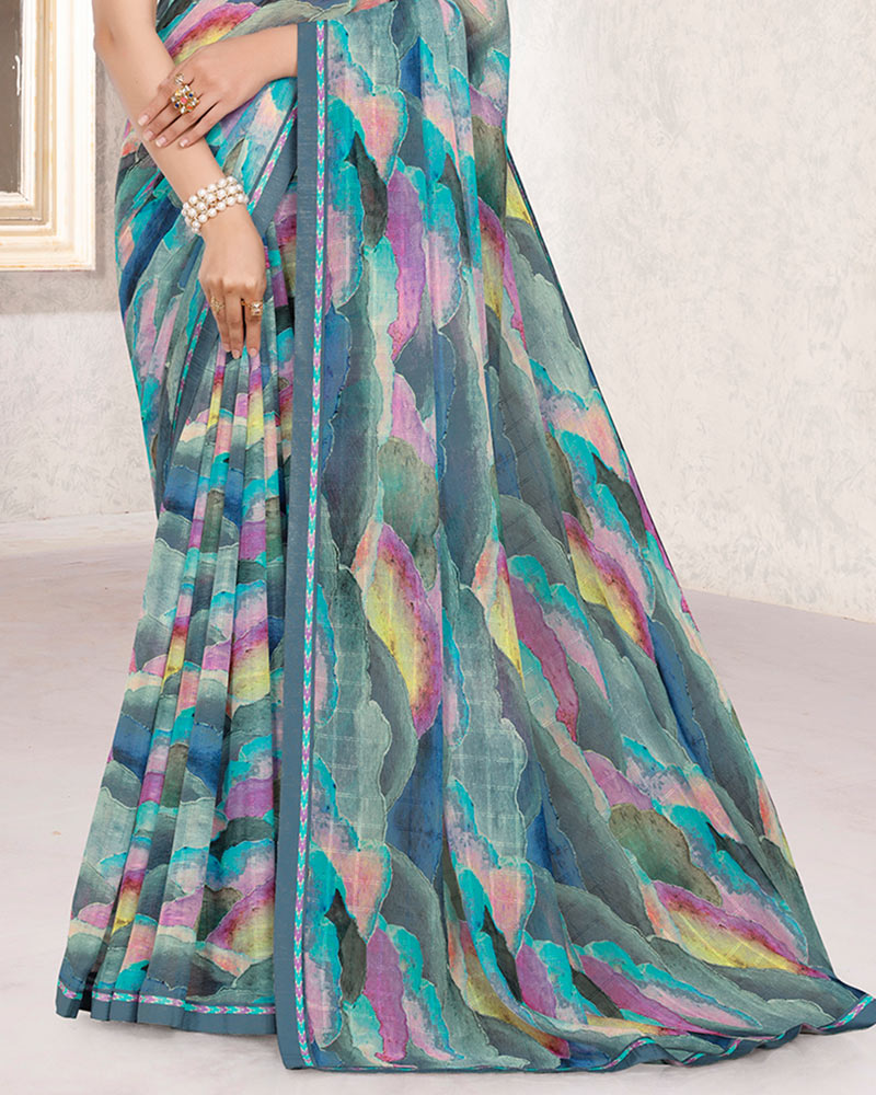 Vishal Prints Bluish Grey Patterned Georgette Digital Print Saree With Fancy Border