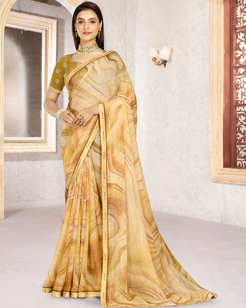 Vishal Prints Light Pastel Yellow Patterned Georgette Digital Print Saree With Fancy Border