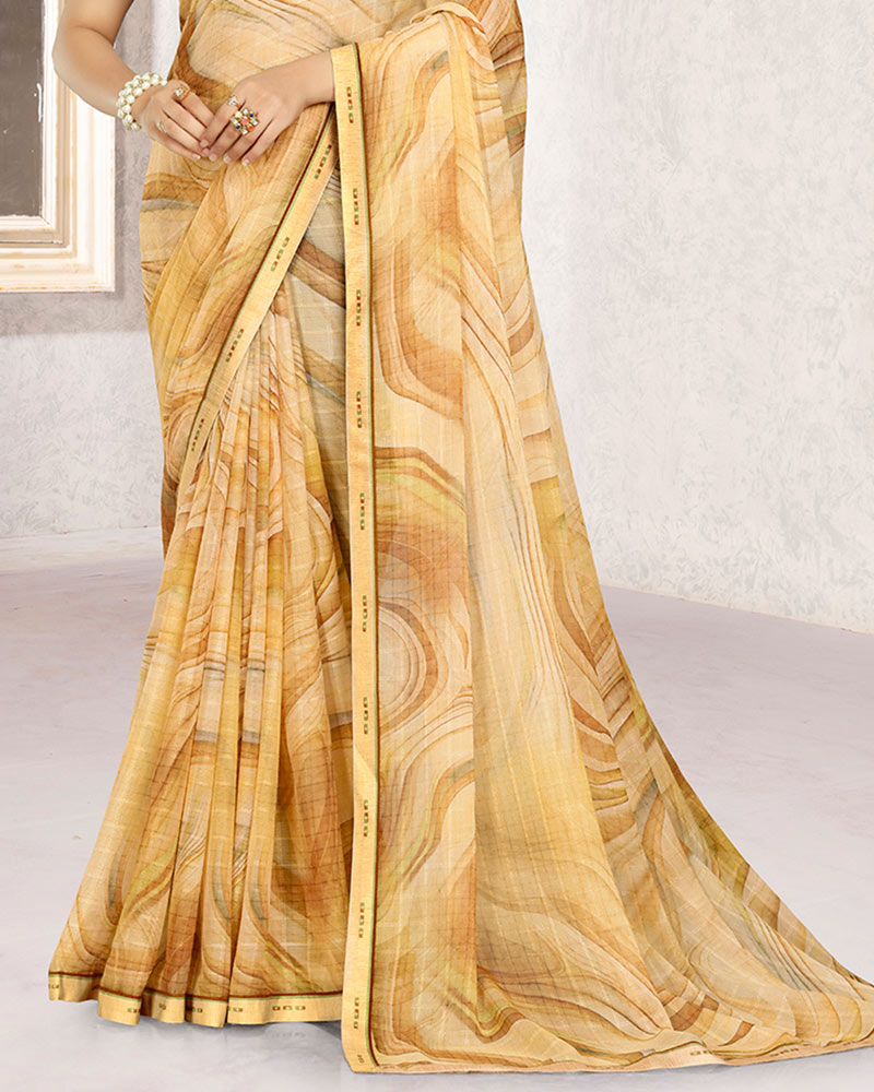 Vishal Prints Light Pastel Yellow Patterned Georgette Digital Print Saree With Fancy Border