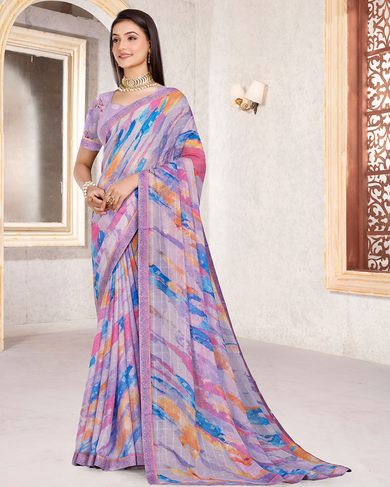 Vishal Prints Dusty Lavender Patterned Georgette Digital Print Saree With Fancy Border