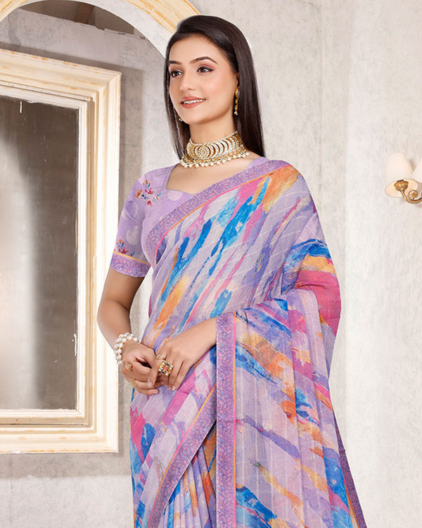 Vishal Prints Dusty Lavender Patterned Georgette Digital Print Saree With Fancy Border