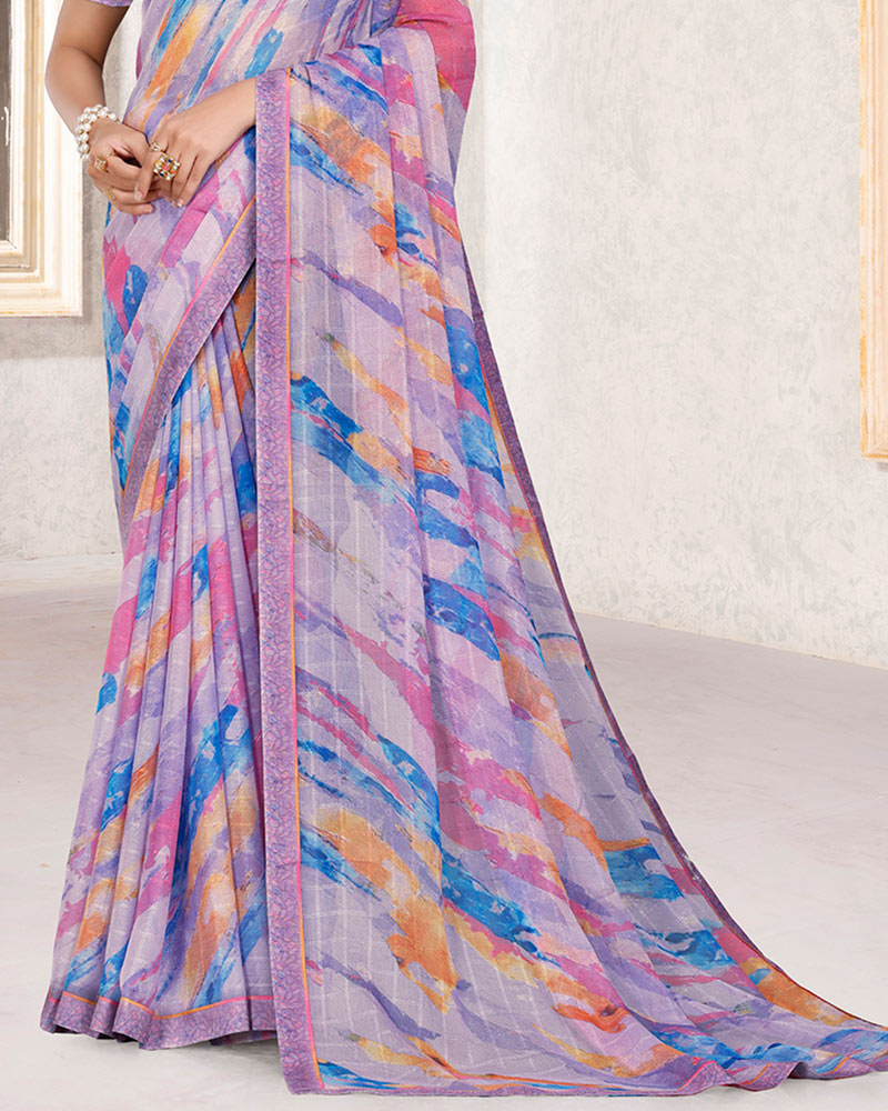 Vishal Prints Dusty Lavender Patterned Georgette Digital Print Saree With Fancy Border
